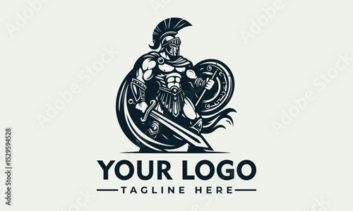 Ancient Roman warrior holding spear and shield in traditional battle armor and crested helmet in monochrome vector style. History concept

