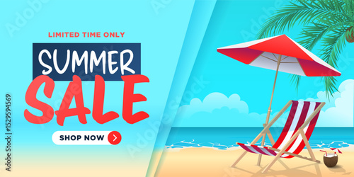 Summer Sale banner with beach umbrella and chair on beach background.
