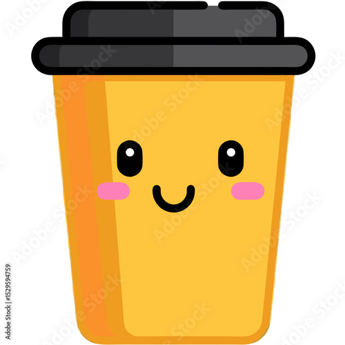 Smiling Kawaii Coffee Cup with Black Lid and Pink Cheeks