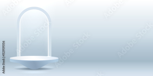 3D empty podium with a luminous arch in light colors.