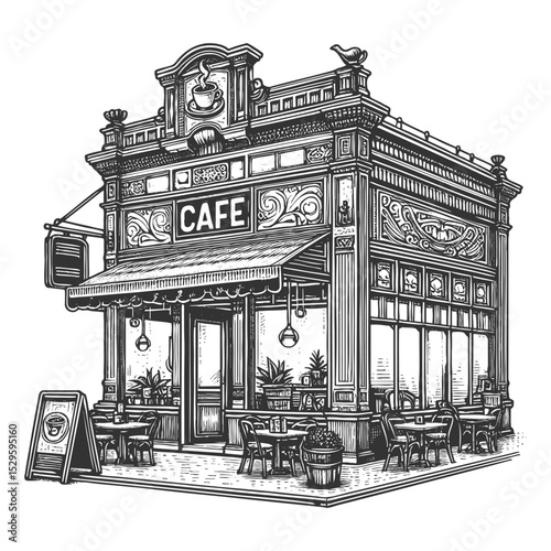 charming outdoor street cafe with tables, chairs, awning, and storefront window display sketch engraving generative ai vector illustration. Scratch board imitation. Black and white image.