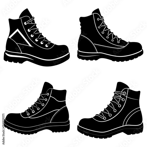 Four black silhouette hiking boots with laces and distinct tread patterns arranged on a white background
