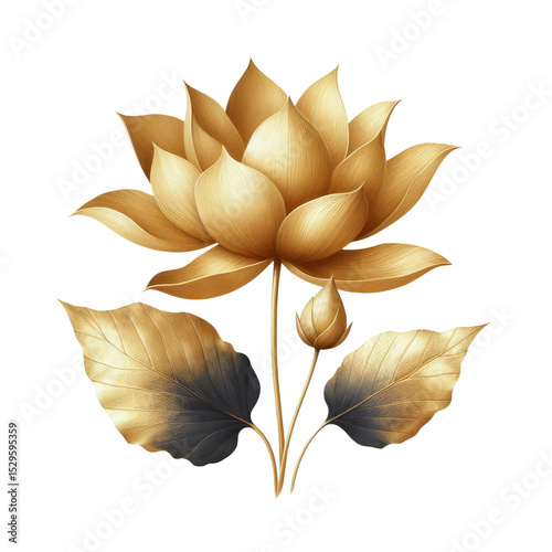Luxurious digital of a golden lotus flower with elegant shading and intricate leaf details on an isolated on a transparent background.