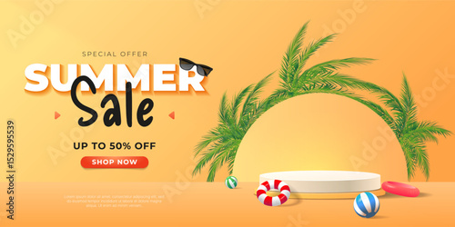 Summer Sale banner with 3d podium, inflatable circles, balls and palm leaves.