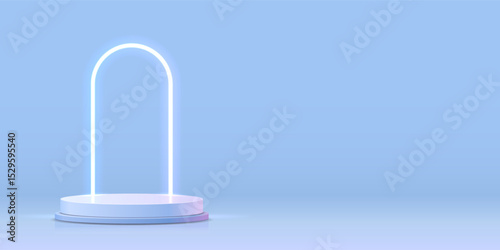 3d empty podium with neon arch in blue and pink tones.