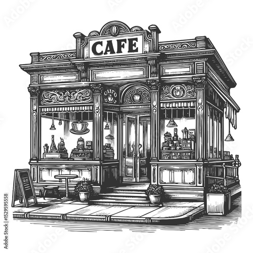 charming outdoor street cafe with tables, chairs, awning, and storefront window display sketch engraving generative ai vector illustration. Scratch board imitation. Black and white image.