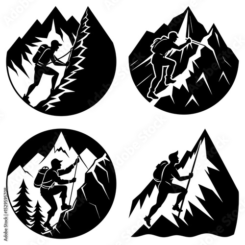 Silhouetted mountain climbers ascending peaks with backpacks and climbing poles in circular and pointed frames
