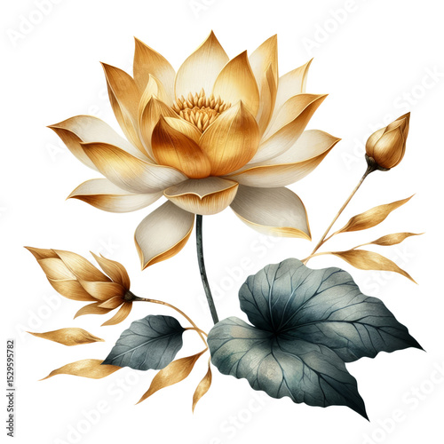 Beautiful digital artwork of a golden lotus flower with rich gradients and intricate leaf details, ideal for spiritual or decorative themes.