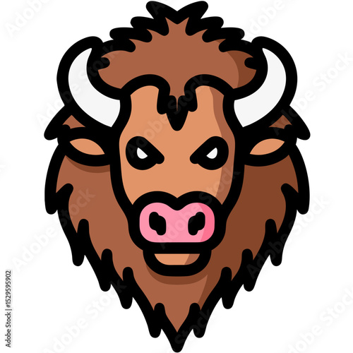Stylized Bison Head with Distinctive Fur and Horns Frontal View