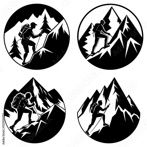 Four circular emblems depicting hikers climbing mountains with backpacks and trekking poles in silhouette style