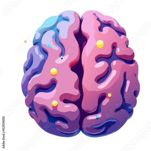 Stylized Brain Illustration with Colorful Lobes and Floating Dots