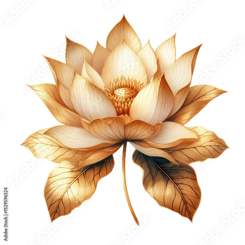 Elegant golden lotus flower botanical illustration