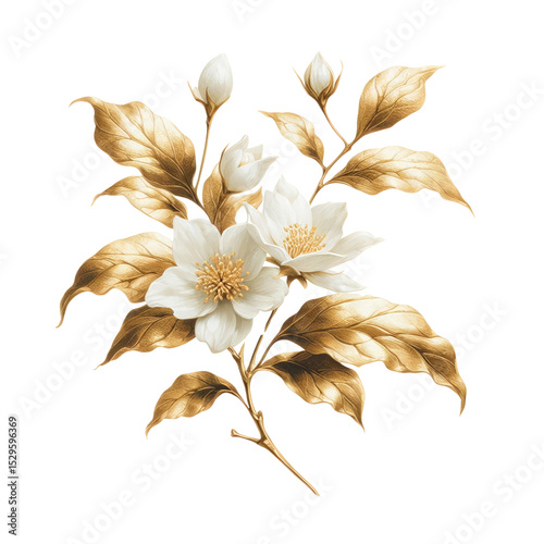 Illustration of white jasmine with golden leaves and stem in watercolor style, ideal for luxury branding, weddings, and packaging.