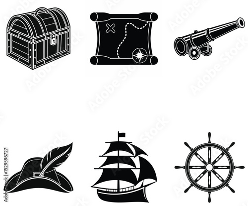 Minimalist Pirate Icons with Treasure, Ships, and Maps