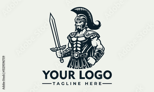 Ancient Roman warrior holding spear and shield in traditional battle armor and crested helmet in monochrome vector style. History concept
