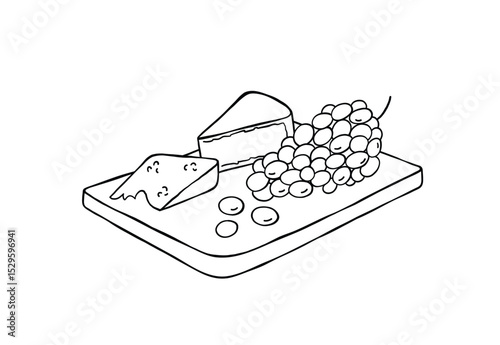 Wooden cutting board with two different types of cheese and grapes. Hand drawn vector black and white illustration.