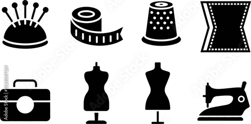 Sewing tailoring equipment vector icons set, includes mannequin, machine, needle, tape, thimble, and more editable stock vector illustration