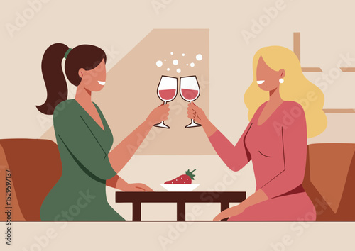 Joyful illustration of two women clinking wine glasses with a strawberry on the table in a cozy indoor environment