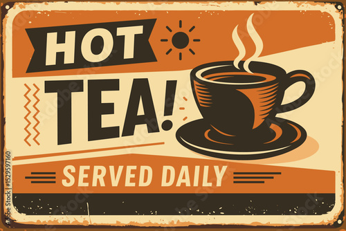 Refreshing tea retro sign – cafe advertisement with tea cup on rusty vintage background