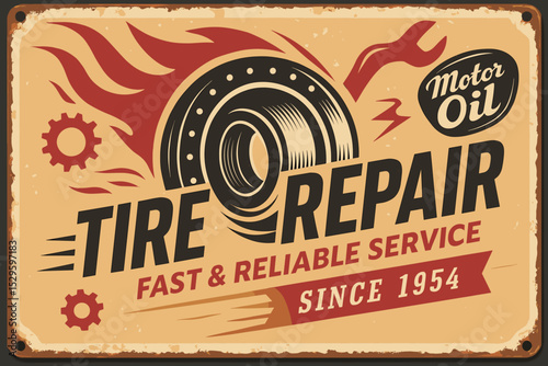 Tire service vintage tin sign – retro illustration with tire and speed flames on damaged metal background