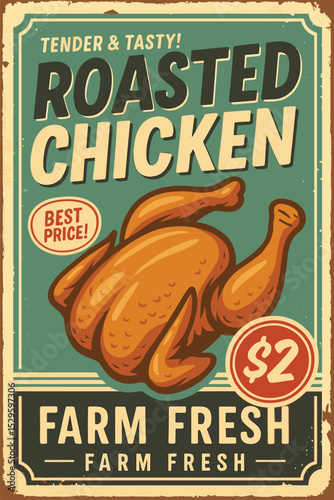 Roasted chicken retro poster – food flyer with turquoise background for restaurants photo