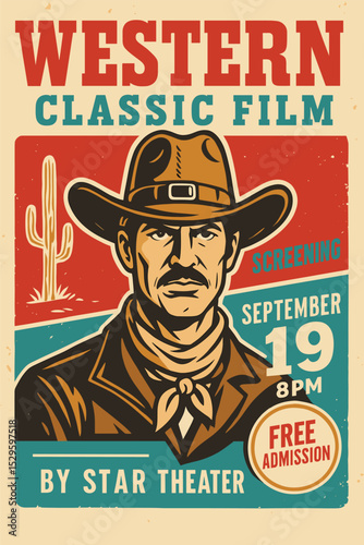Western Movie Festival Poster - Vintage Cowboy Cinema Event Flyer with Gunman Portrait on Gold, Vector Illustration
