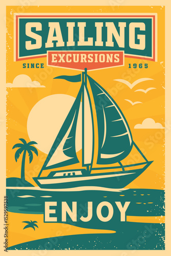 Vintage Sailing Tour Poster - Sunset Cruise with Sailboat on Tropical Sea, Retro Summer Vector Illustration