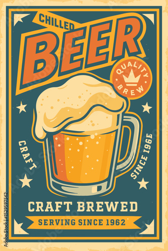 Retro Beer Advertisement Poster - Foamy Glass on Aged Paper Texture, Vintage Vector Flyer Template