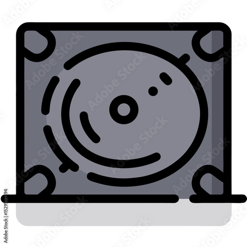 Stylized Hard Drive Icon with Circular Disc and Corner Accents