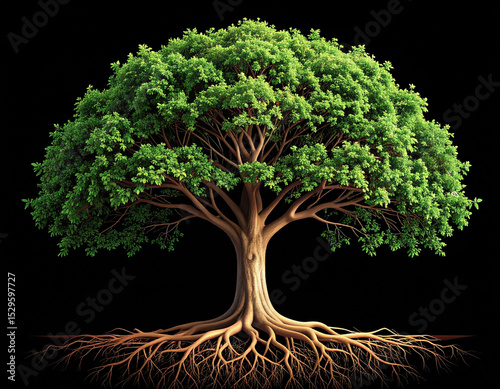 Un árbol grande y fuerte con ramas y hojas verdes, con grandes raíces aislado en fondo negro.