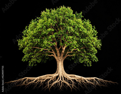 Un árbol grande y fuerte con ramas y hojas verdes, con grandes raíces aislado en fondo negro.