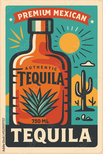 Mexican tequila poster design, vintage vector art for bar and pub promotions, alcohol advertisement, retro style agave drink illustration