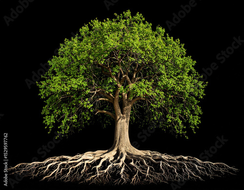 Un árbol grande y fuerte con ramas y hojas verdes, con grandes raíces aislado en fondo negro.