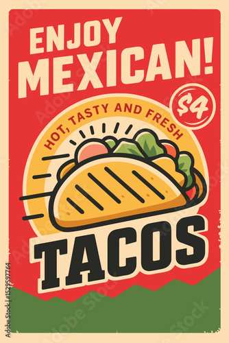 Tasty Mexican tacos poster design with fresh ingredients, vector banner for traditional restaurant menu and Mexican food promotion