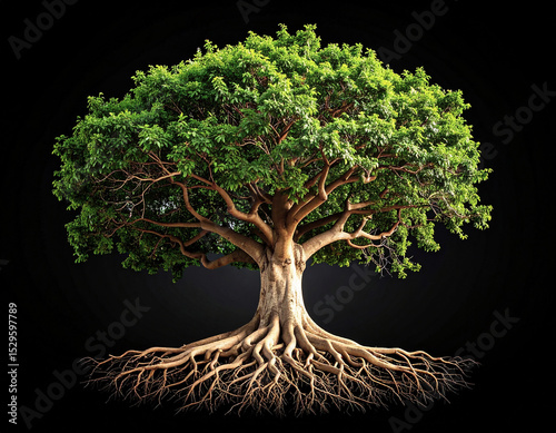 Un árbol grande y fuerte con ramas y hojas verdes, con grandes raíces aislado en fondo negro.