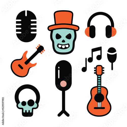 music genre set of vector doodle icon on transparent background