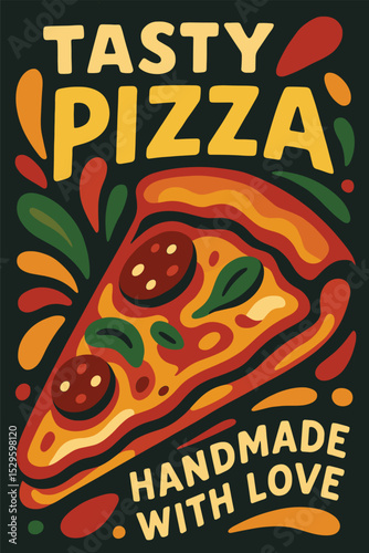 Pizza decorative poster template for restaurants, Italian food retro sign with vector illustration, pizzeria menu advertisement design
