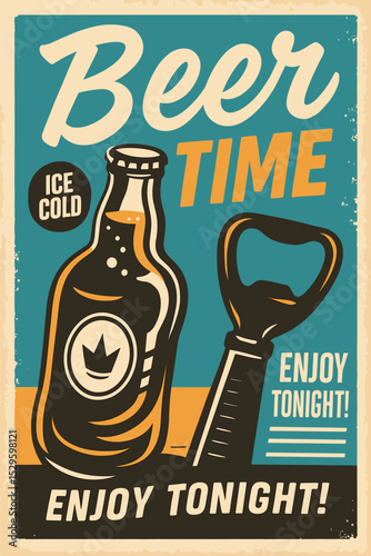 Beer bottle and opener retro poster design, vintage alcoholic drink illustration on blue background, pub bar promotion vector template