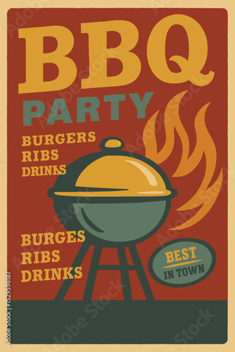 Barbecue party retro sign design on red background, grilling event advertisement with vintage layout, outdoor cooking vector template