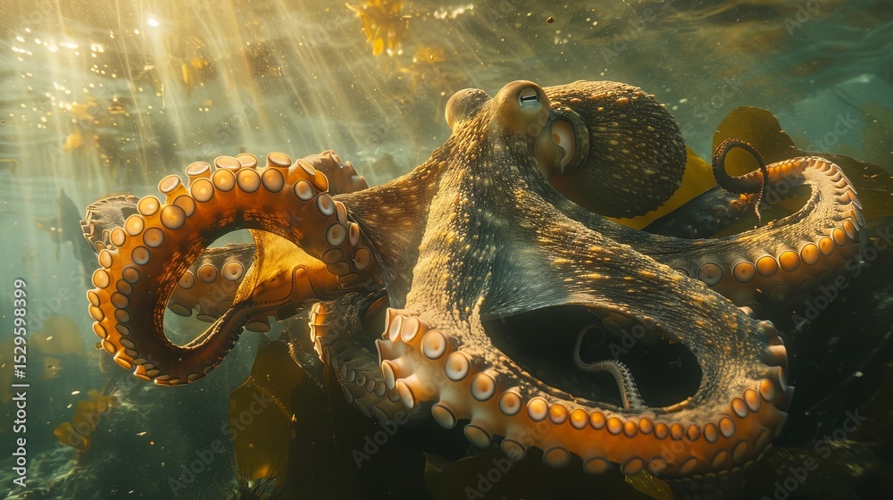 Fototapeta premium A stunning octopus gracefully moves through a kelp forest, showcasing its vibrant colors and unique texture, creating a mesmerizing underwater scene filled with life.