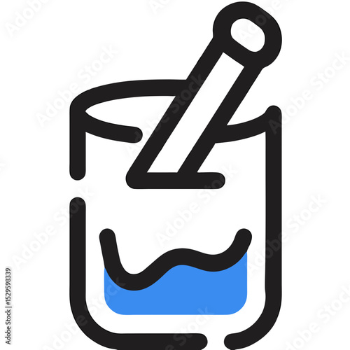 Stylized Mortar and Pestle Icon with Blue Liquid and Bold Outlines