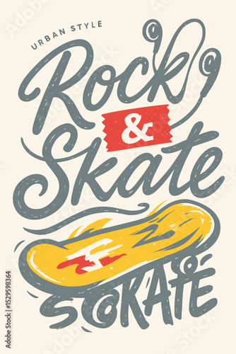 Skate Rock Urban T-shirt Design - Playful Skateboard & Headphone Graphic on White, Vector Music Lifestyle Print