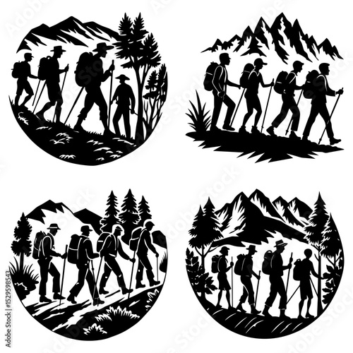 Silhouetted hikers with backpacks trekking through mountainous landscapes in circular compositions