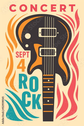 Electric guitar rock concert poster with colorful abstract shapes, music event vector flyer for band promotions