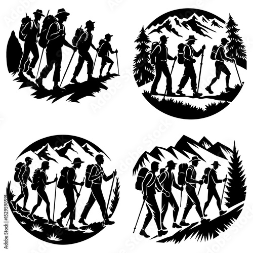 Silhouette illustrations of groups hiking in mountainous landscapes in circular compositions