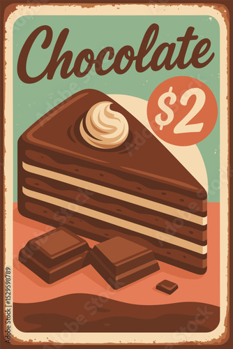 Vintage Chocolate Cake Tin Sign - Retro Bakery Poster with Rich Dessert, Sweet Shop Vector Advertisement