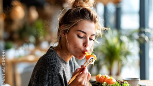 Young woman sitting indoors, holding chopsticks and eating rolls. Soft natural light and blurred background create a warm atmosphere of a cafe or home. Video for lifestyle, food