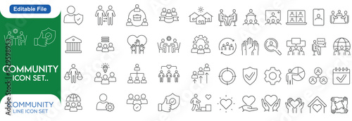 Community Line editable stroke outline web icons set. Community, social, friendship, people, village, relationships, diversity, support and development. Vector line icon set..