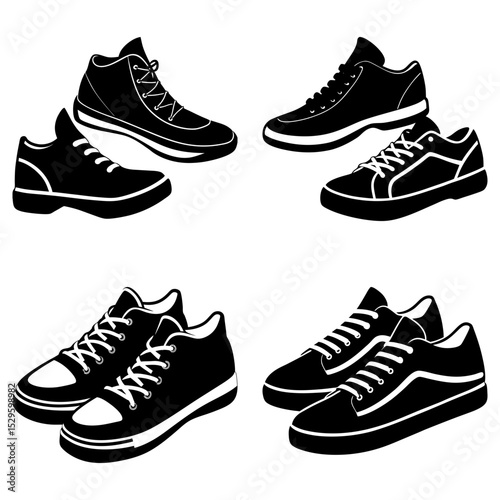 Illustration showcasing four pairs of black and white sneakers in various styles and orientations