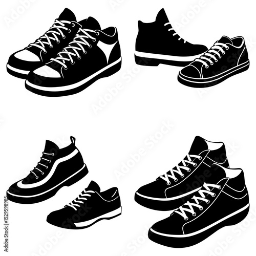 Four pairs of black and white shoes with laces in various styles and orientations on a white background